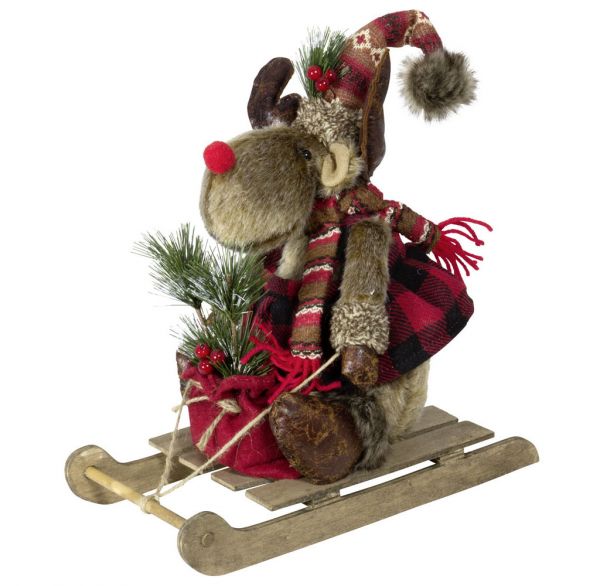 Weihnachten Deko Figur Elch 30cm auf Schlitten Rentier Winter rot braun Plüsch